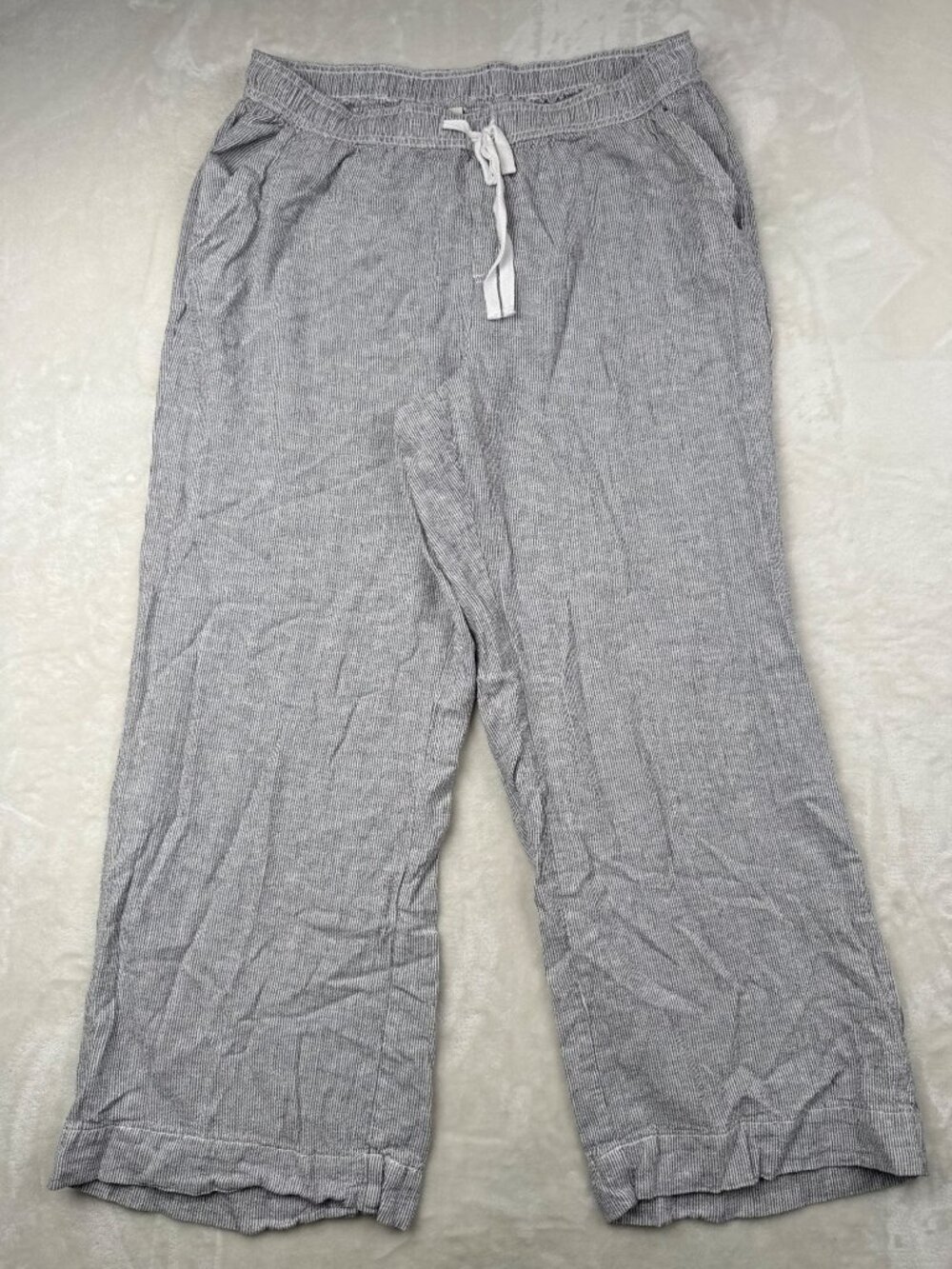 Briggs Womens Linen-Blend Drawstring Lounge Pants XL Grey Pinstripe Lightweight